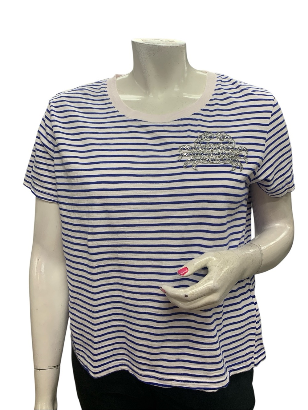 Women's Striped Short-Sleeve Crewneck Tee in White and Blue Size L